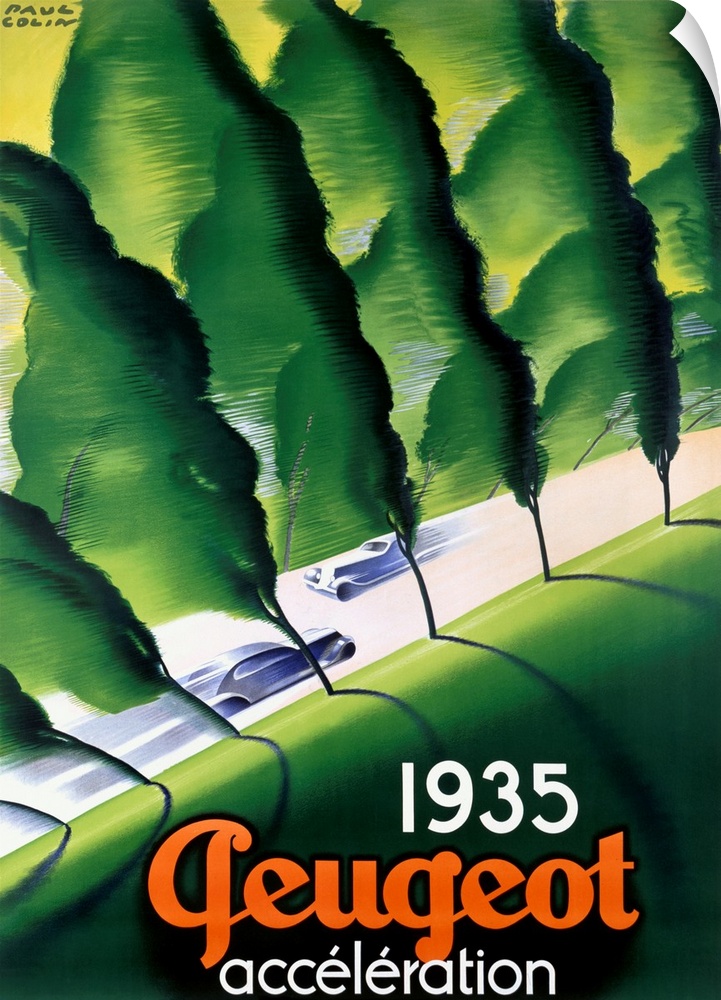 A vintage poster with an aerial view of two cars zooming past each other on a road that is lined with tall trees.