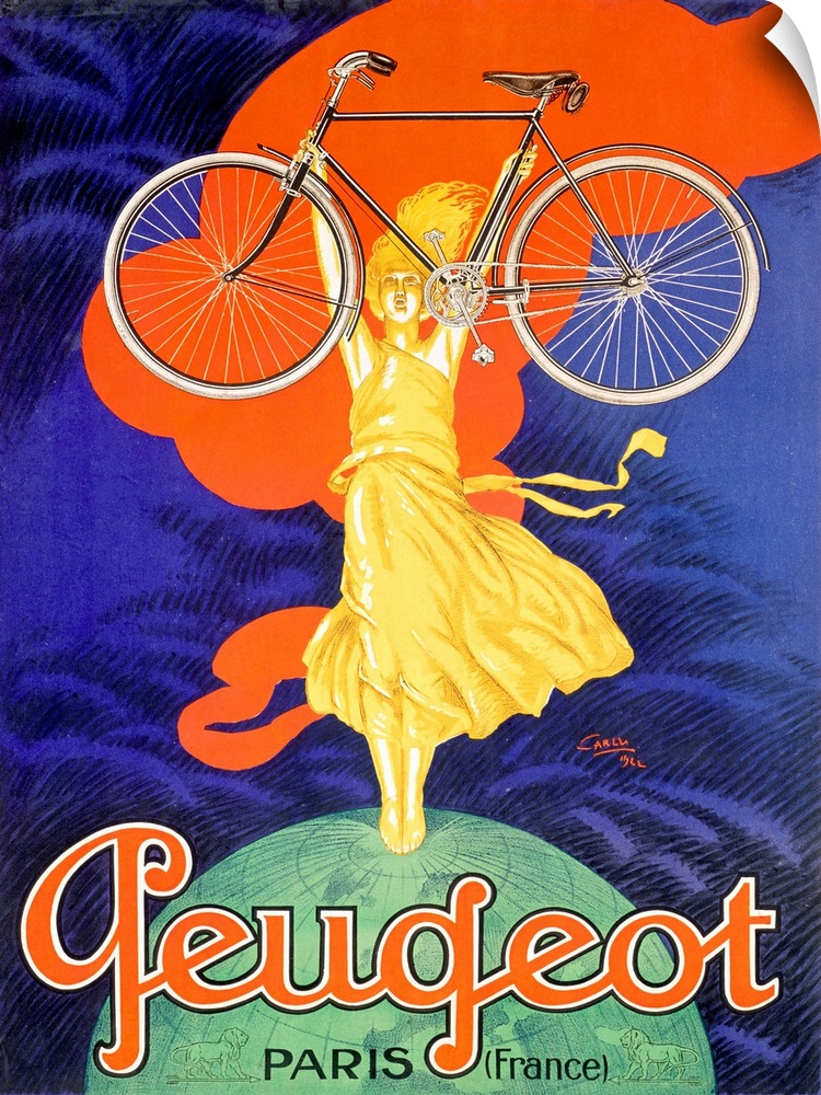 Large antique art portrays an advertisement for a French bike company that features a woman standing on top of the Earth w...