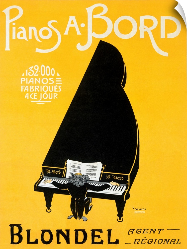 This vertical art work is an Art Nouveau poster advertising a piano player performing an enormous stylized grand piano.