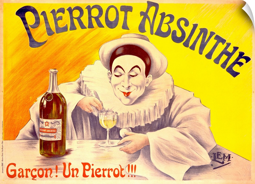 Advertising poster for an alcoholic beverage, featuring a French clown in heavy white makeup and a frilled collar, which i...