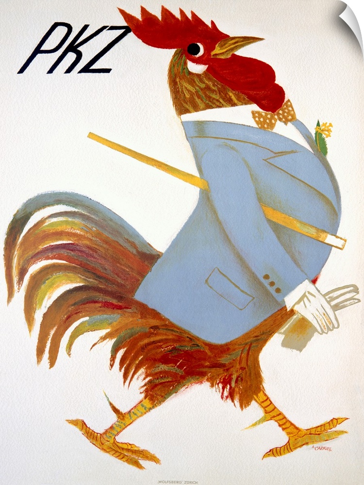 Vintage advertising poster featuring a rooster wearing a dapper suit and gloves.