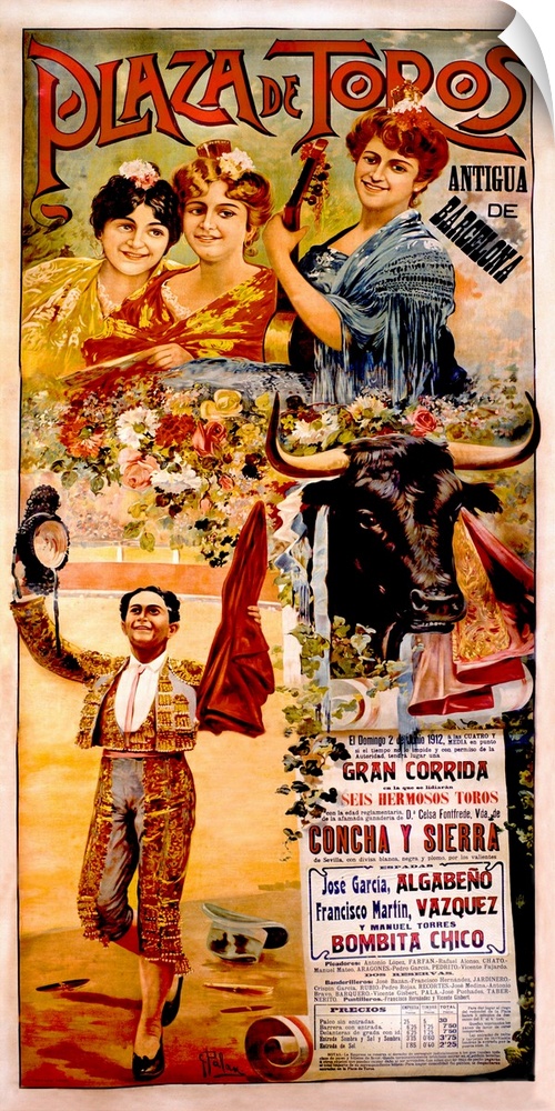 Old poster advertising a bull fight.  Collage of images including a group of ladies, a garden of flowers, a bull and bull ...