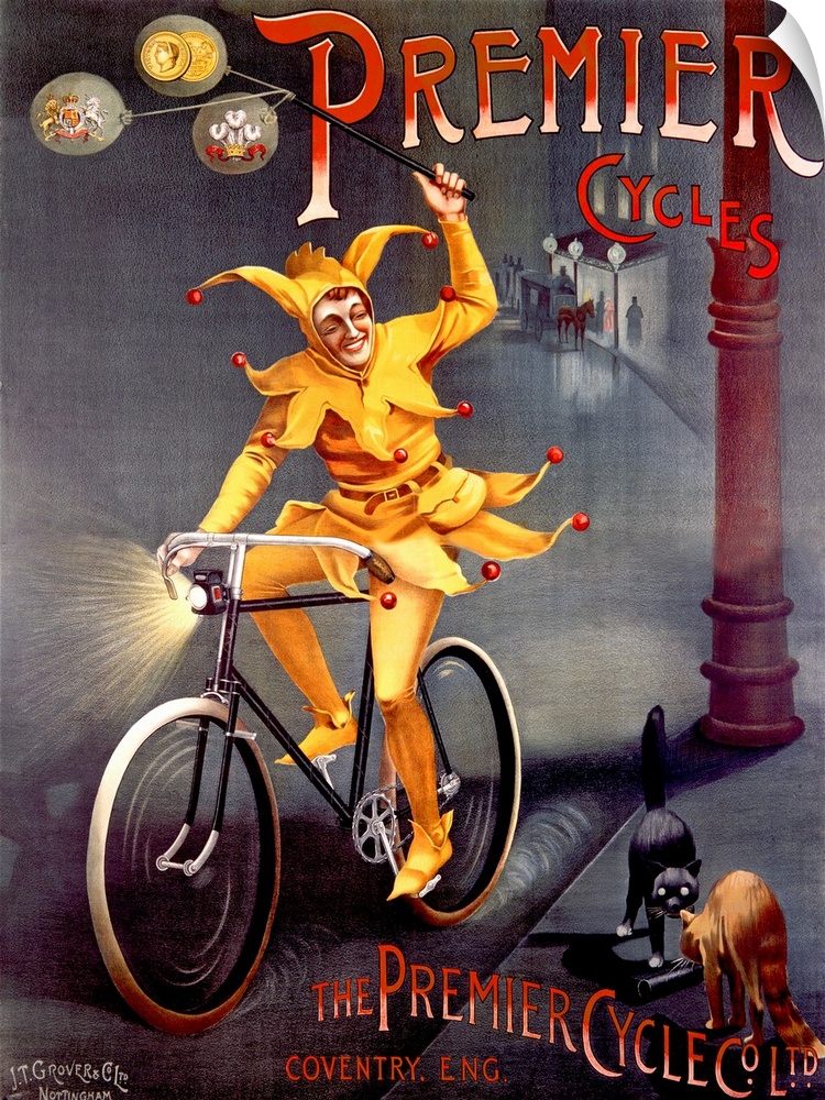 Big canvas painting of a jester riding a bike on a dark street looking at two cats that are about to fight in the right co...