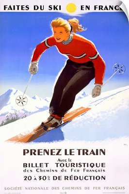 Prenez Le Train, Downhill Snow Ski, Vintage Poster