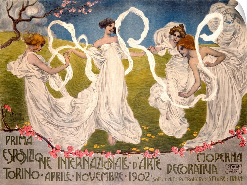 Vintage poster of four woman in toga like dresses dancing in a Spring field.