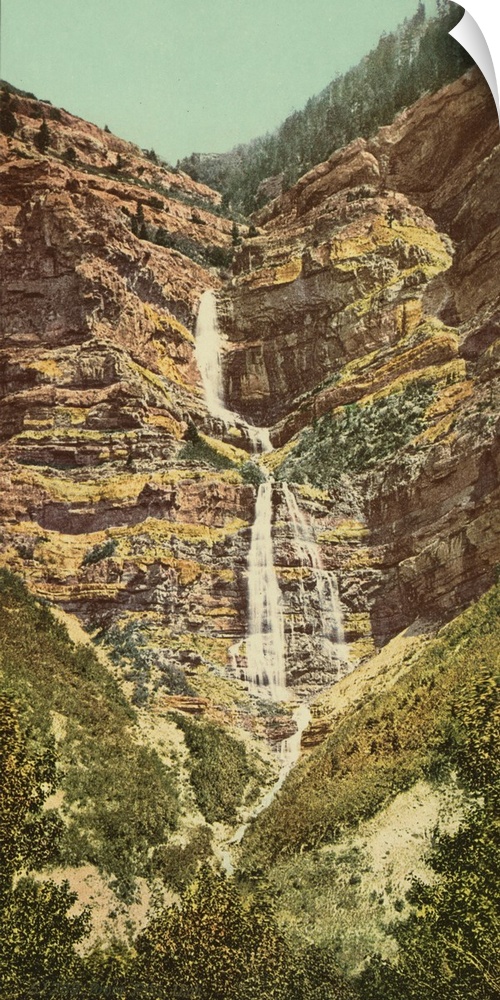 Hand colored photograph of Provo falls, Utah.