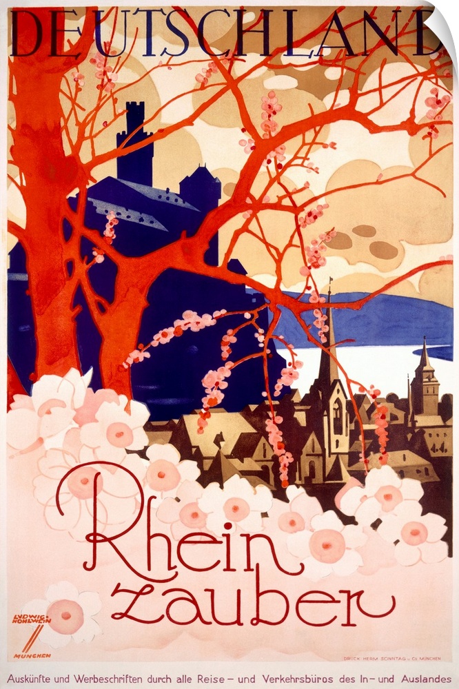 Travel advertisement for Germany's river valley, done in a screen-printed style with an orange tree, a castle, and a histo...