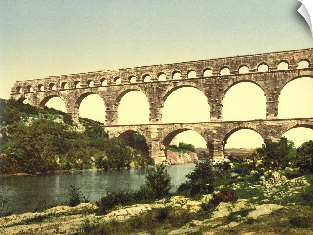 Hand colored photograph of roman bridge over the gardon, constructed by Agrippa, Nimes, France.