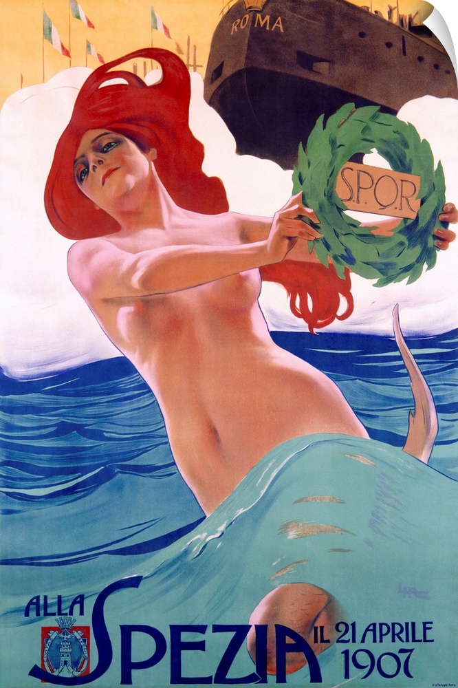 Vintage poster of a partially nude woman standing in water with a ship just behind her and the word Roma on the front.