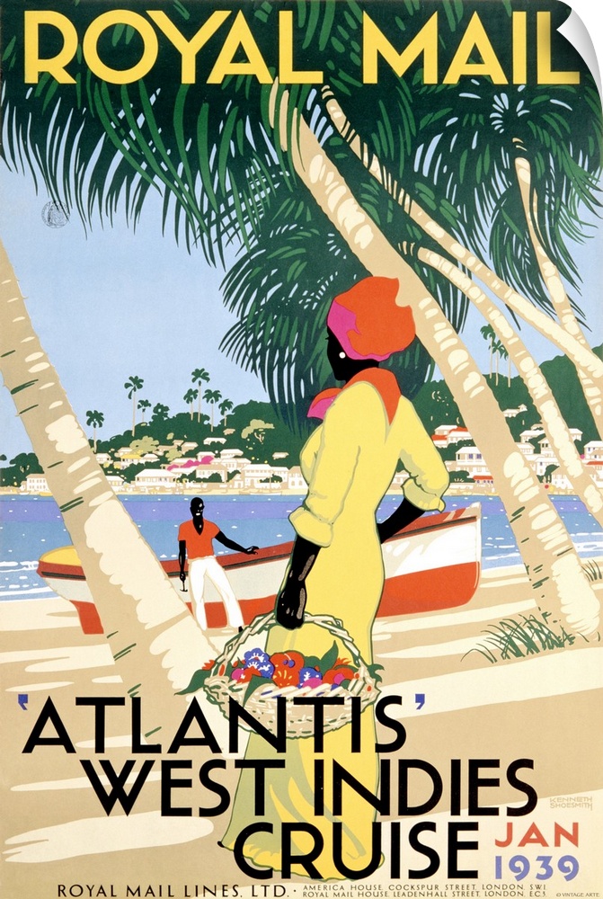 Large, vertical vintage advertisement for Royal Mail, on the West Indies Cruise, Atlantis.  A woman carries a basket of fl...
