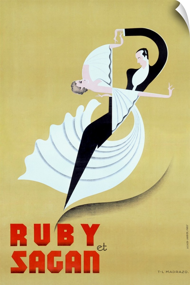 An Art Deco style entertainment advertisement of a couple dancing in formal evening wear and blocky text in the bottom left.