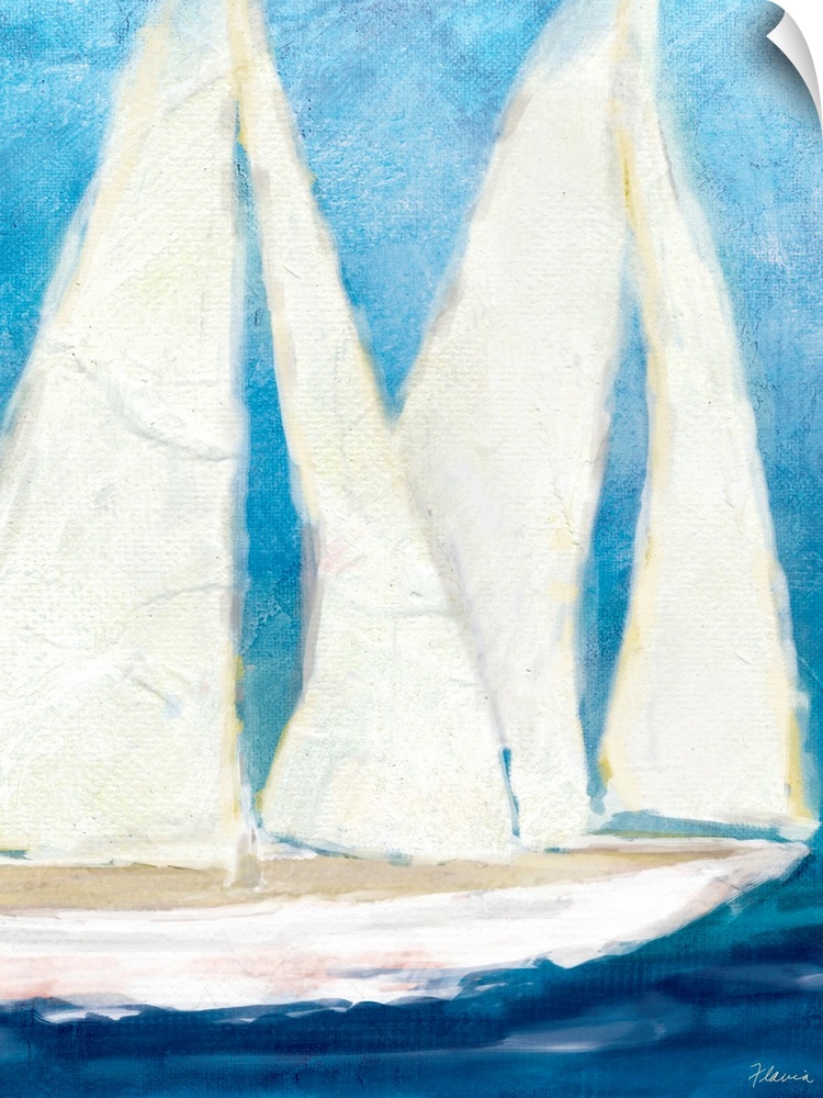 Up-close painting of boat on ocean with huge sails.