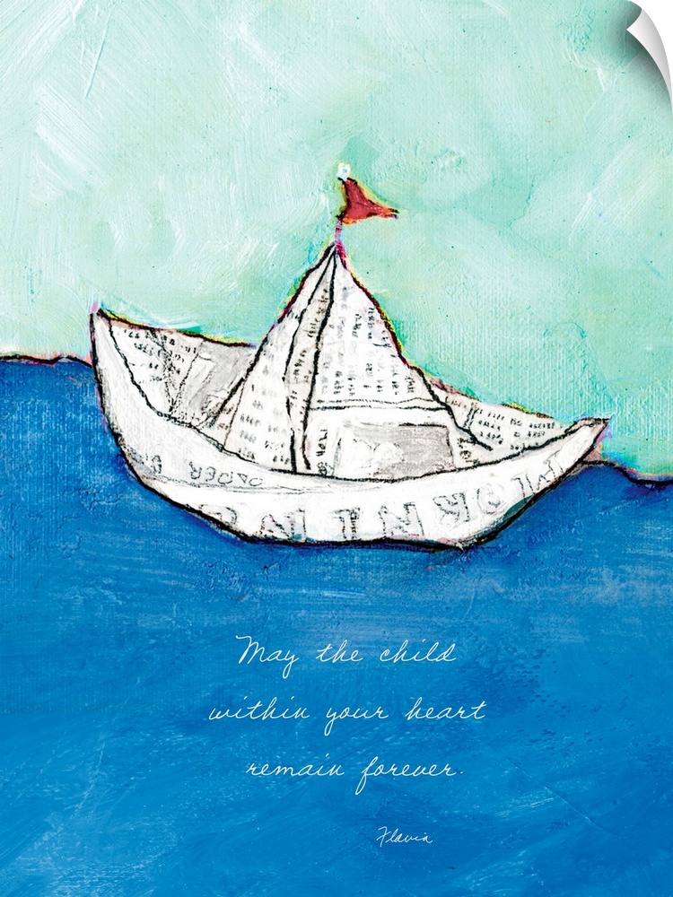 Mixed media artwork of a toy boat made of a sheet of newspaper, with the text ""May the child within your heart remain for...