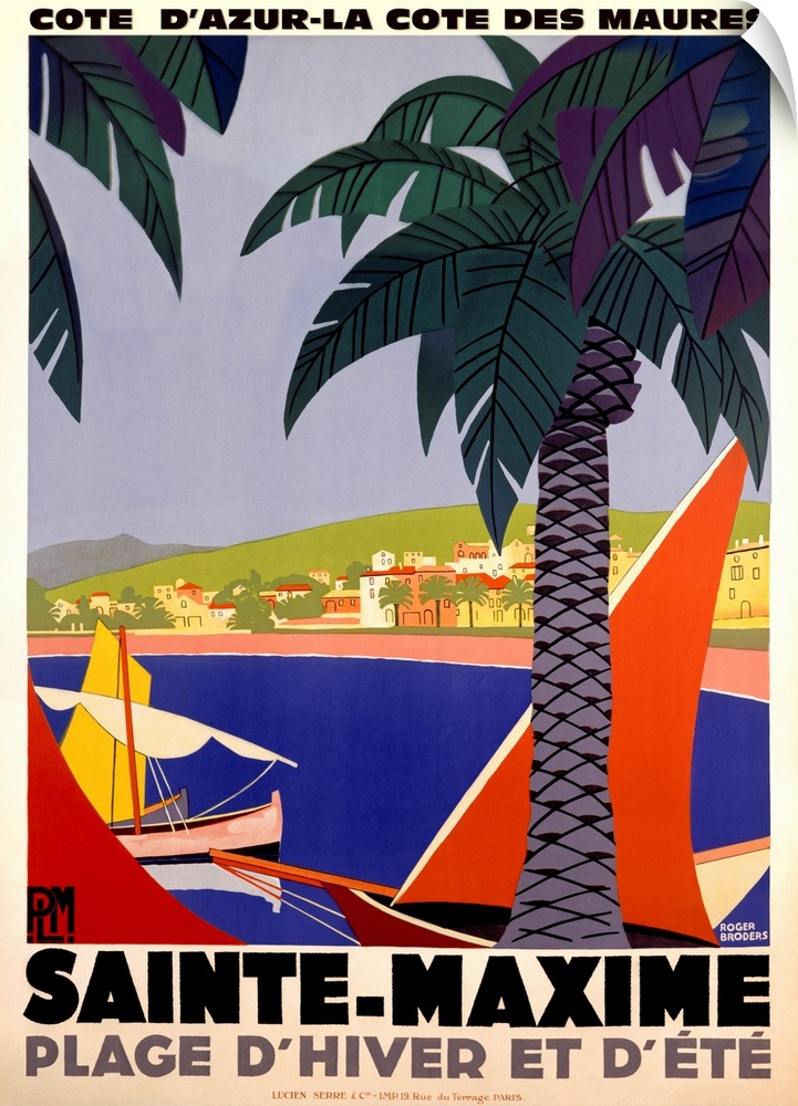 Vertical, large vintage advertisement for Sainte-Maxime, France.  Palm trees over a body of water with several boats in it...