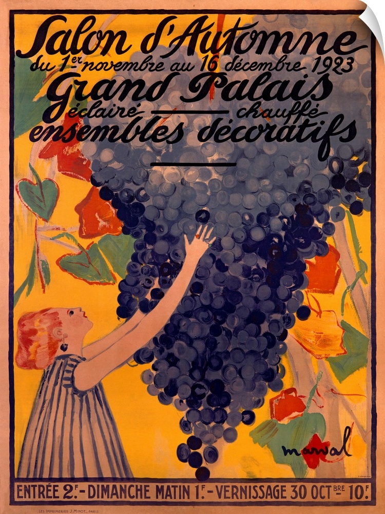Antiqued poster painting of a girl reaching out and grabbing an oversized bunch of grapes.