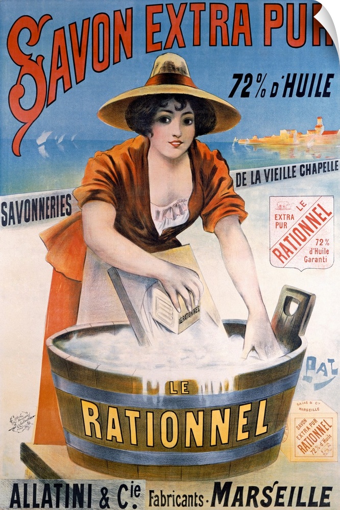 Large, vertical vintage advertisement for French soap, "Savon Extra Pur, le Rationnel", a woman in a dress and hat, stands...