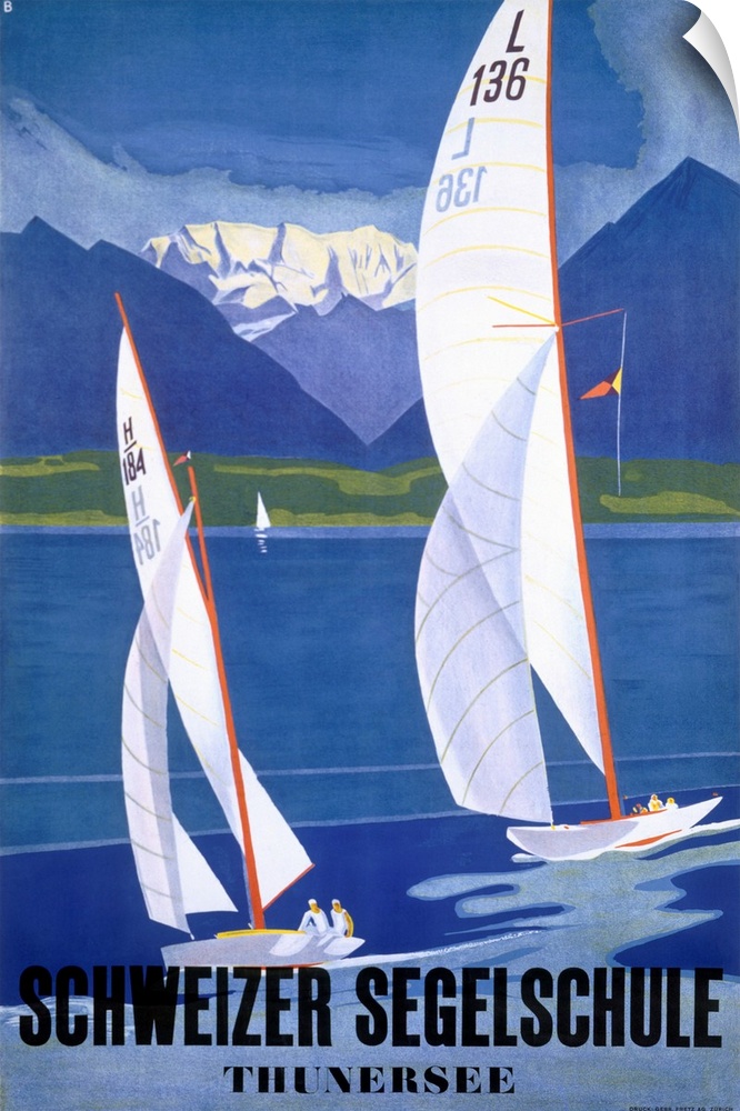 Tall wall art of two sailboats sailing from left to right with layered mountains in the distance and text on the bottom.