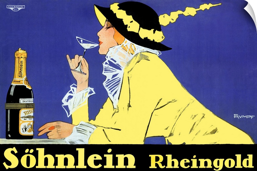 Large vintage artwork for an office or living room of a beautiful, well-dressed woman casually sipping a glass of Sohnlein...