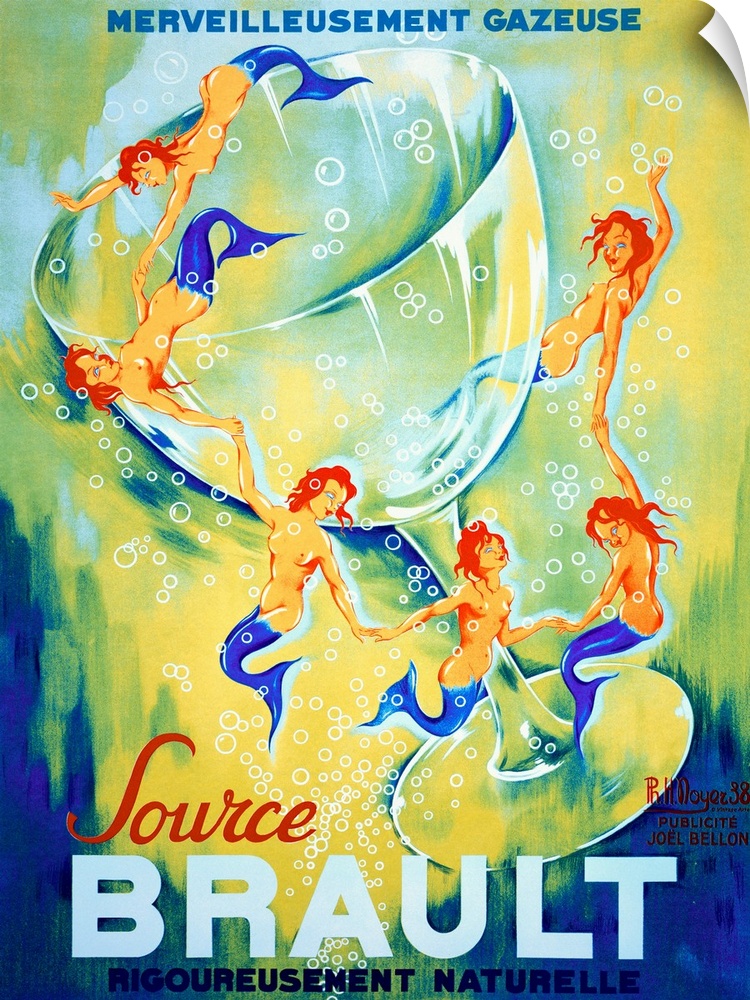 Large advertising art shows six mermaids swimming around a large drinking glass with bubbles surrounding them.  At the top...