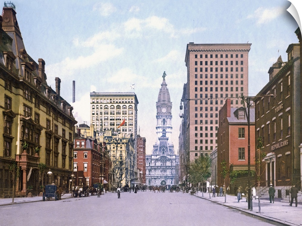 Giant, landscape, vintage photograph looking down South Broad Street in Philadelphia, a row of buildings on each side, lea...