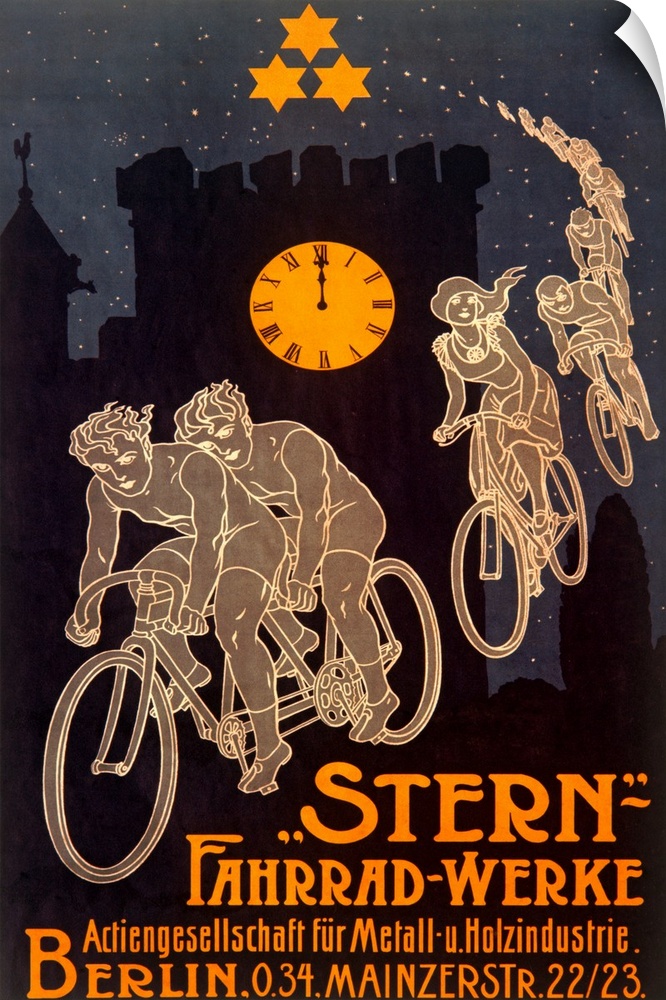 Old advertising poster with trail of bicyclers with block tower silhouette in background.