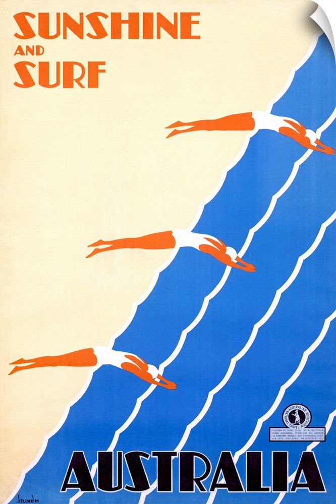 This vintage poster has three swimmers diving into the water in unison with the text "Sunshine and Surf" in the top left c...