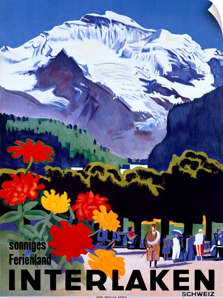Travel advertisement for Switzerland featuring flowers people strolling under the snowy peak of the Jungfrau mountain.