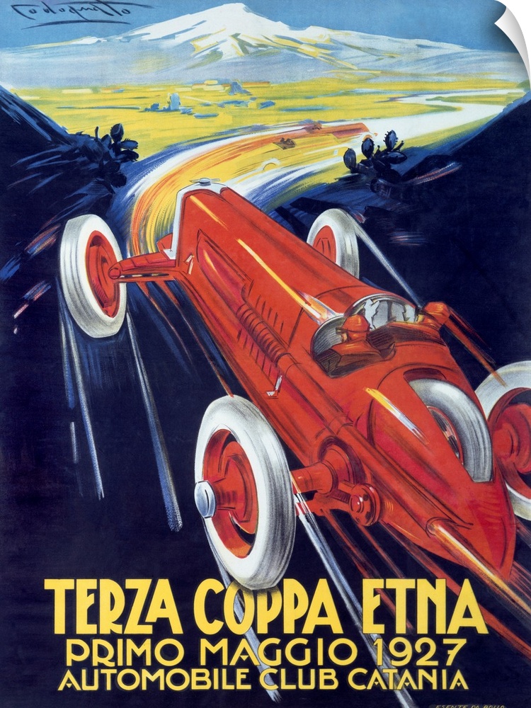 Antique poster advertising a car club.  There is  a classic car racing through mountain roads on the poster with a snow ca...