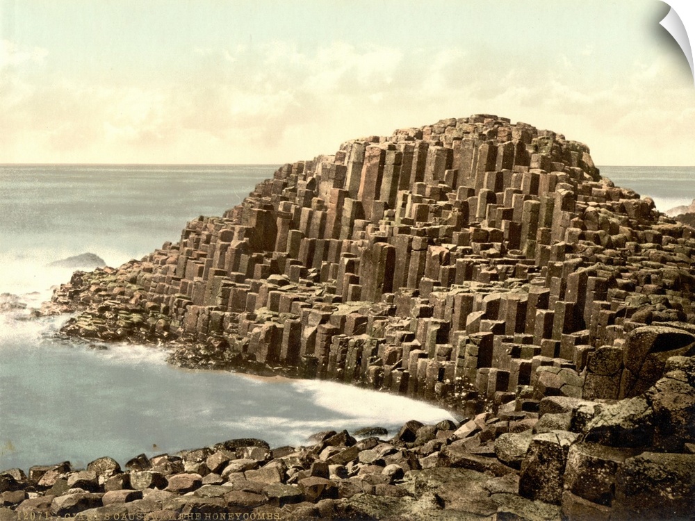 Hand colored photograph of the honeycombs, giant's causeway, country Antrim, Ireland.