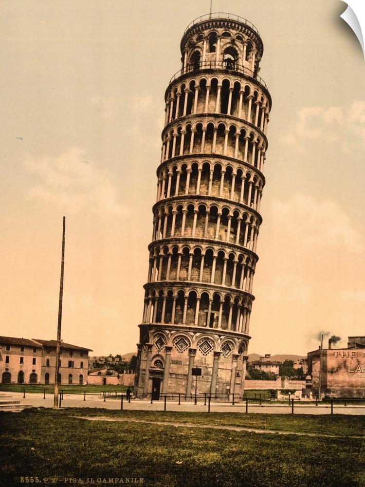 Hand colored photograph of the leaning tower, Pisa, Italy.