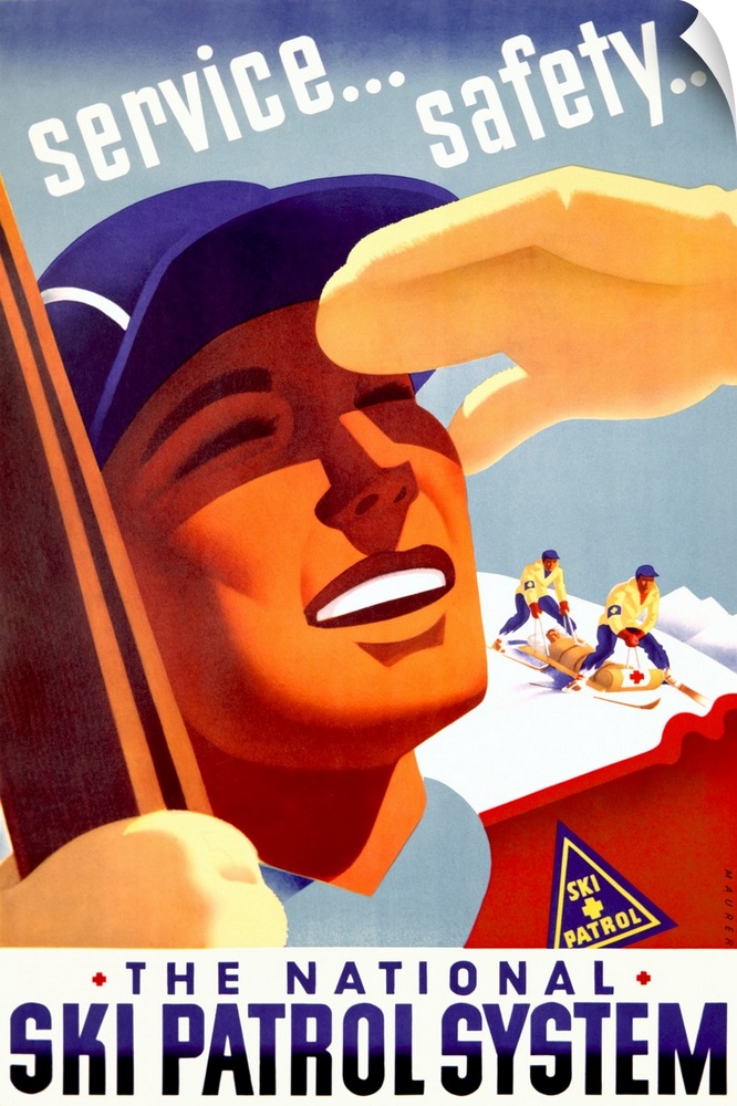 Vertical, large vintage advertisement for The National Ski Patrol System, a close up of a ski patrol member looks off to t...