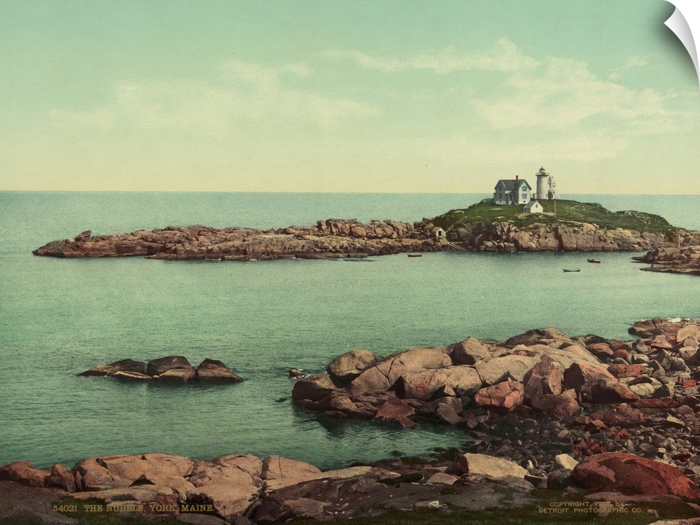 Hand colored photograph of the nubble, York, Maine.