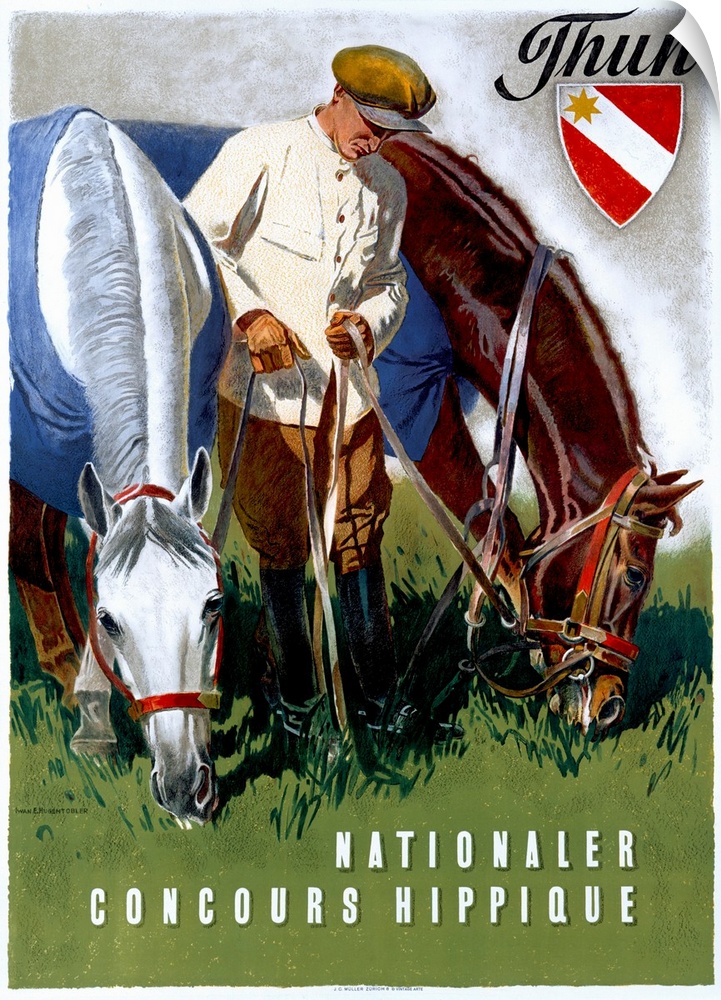 Large antique poster of a man holding the reins of two horses on either side of him while they graze.