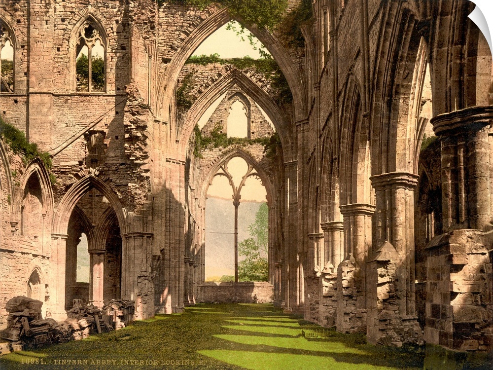 Hand colored photograph of Tintern abbey, England.