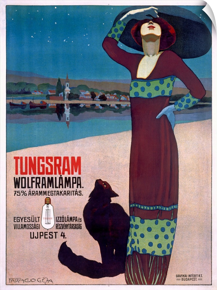 Vertical, large vintage advertisement for the Tungsram Light Bulb, a woman in a dress and hat and the cat that sits next t...