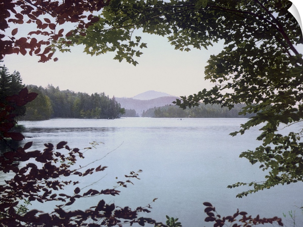 Big photo print of a lake with a mountain in the distance seen through tree leaves making a border around the image.