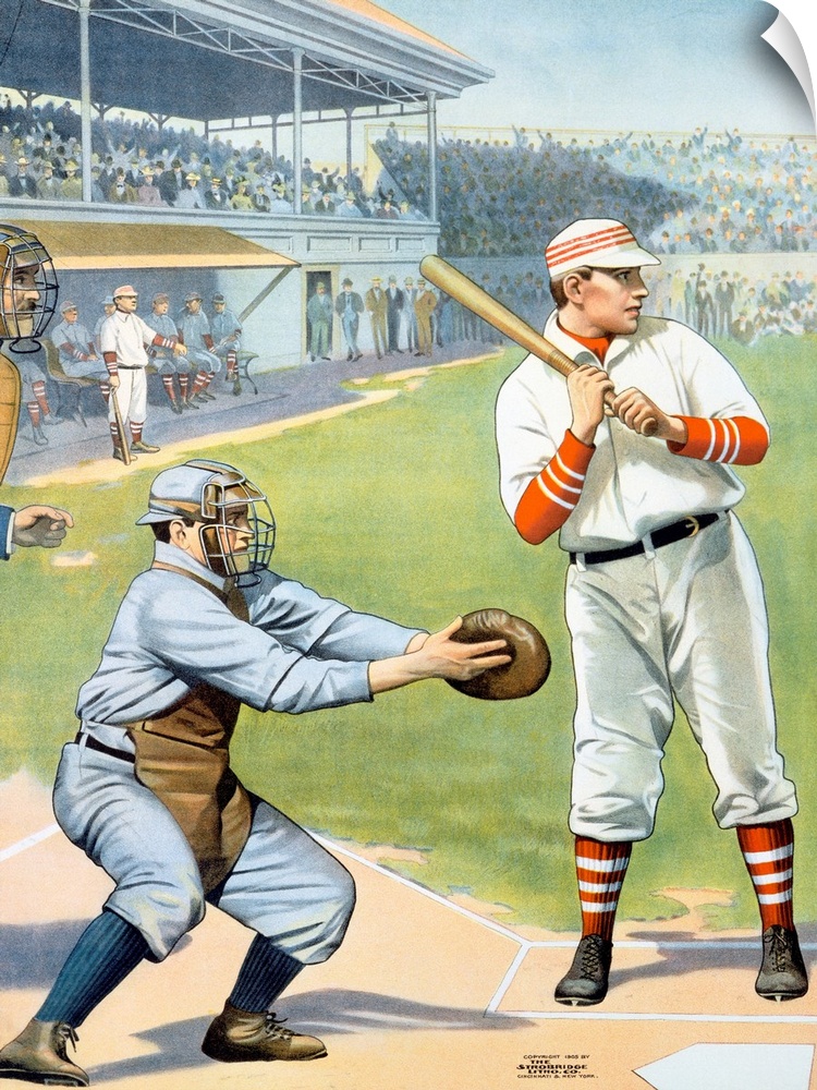 Old poster of batter up to swing with umpire beside him and packed stands in the distance.