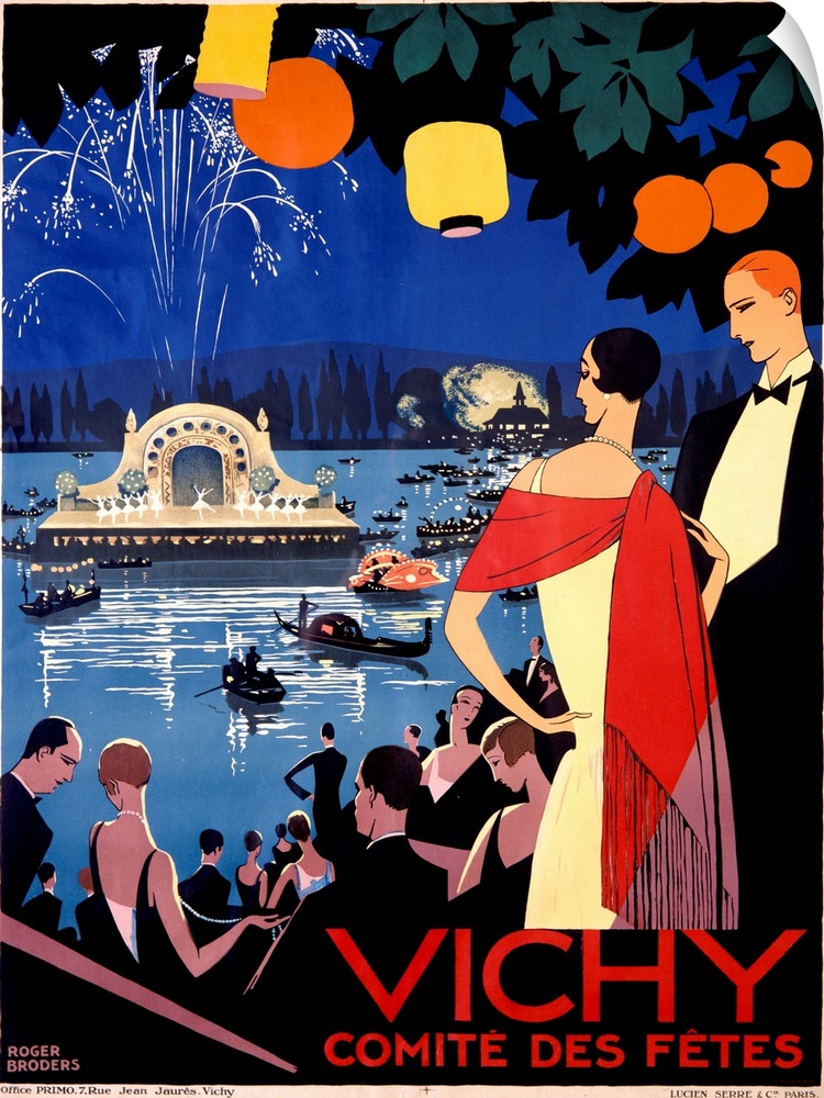 Vertical, big vintage poster of an evening stage performance on water, with fireworks and surrounded by boats.  A large cr...