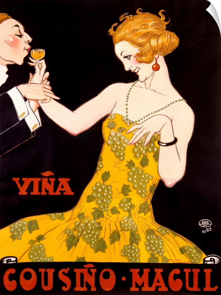 An Art Deco advertising poster showing a young flapper in a dress printed with grapes sipping champagne with a man in a tu...