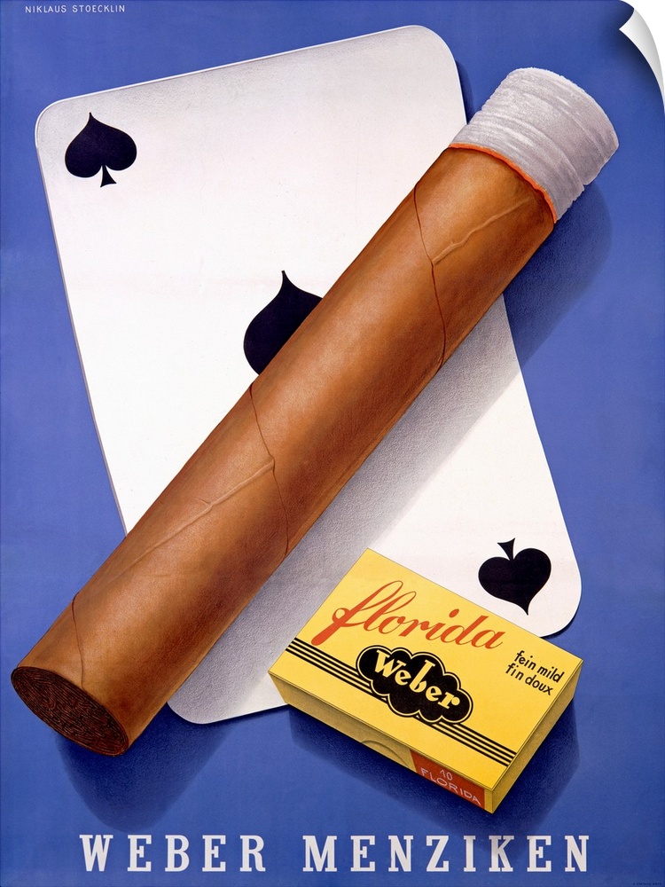 Vintage poster of a lit cigar and match box placed over a card of spades.