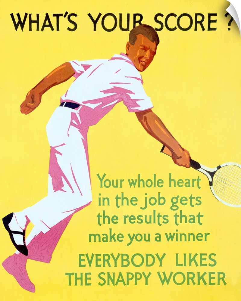 An old poster advertisement for tennis with a man hitting a ball with a racket on a bright background.