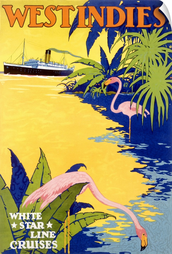 Old advertising poster for a cruise ship.  There is an image of two flamingos at the water's edge with a huge cruise liner...