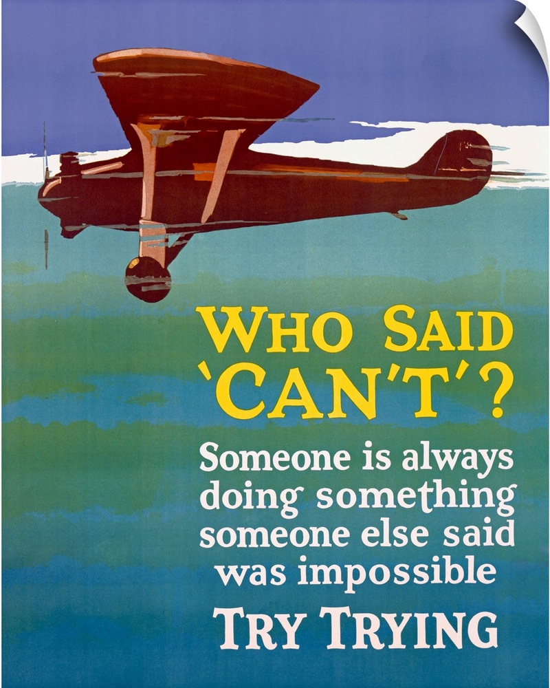 Old print of plane flying through sky with inspirational text below.