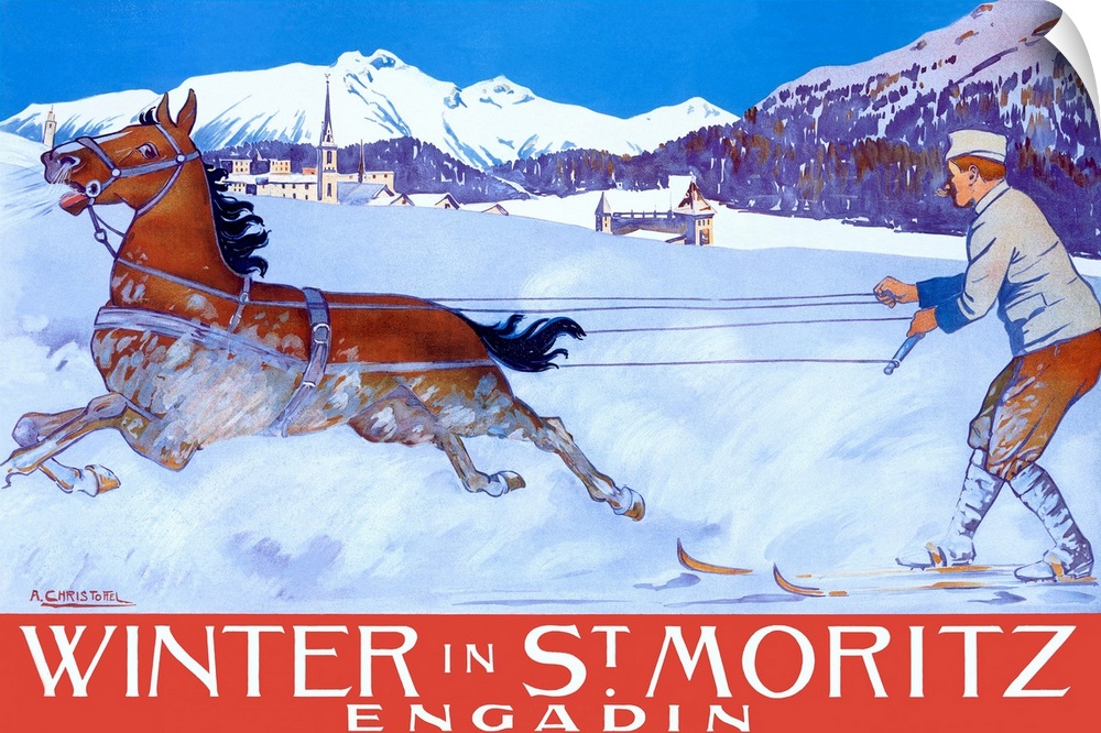Vintage advertisement for winter in St. Moritz with a man on skis being pulled by a horse in front of a chalet.