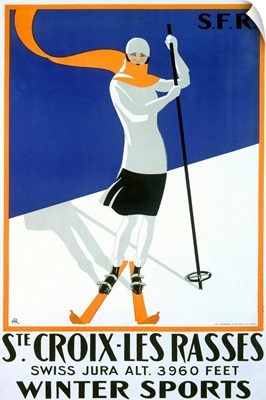 Woman Skiing, Ste. Croix, Les Rasses, Vintage Poster