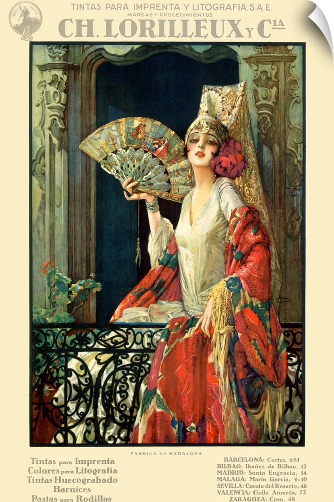 Vertical, vintage artwork on a big canvas of a woman holding a detailed fan while seated, dressed in a white dress with a ...