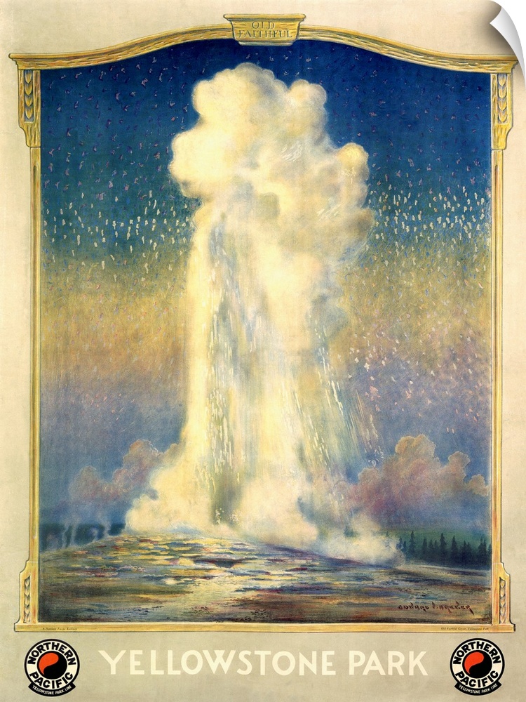 Classic advertisement depicting a geyser erupting at American landmark Yellowstone Park.