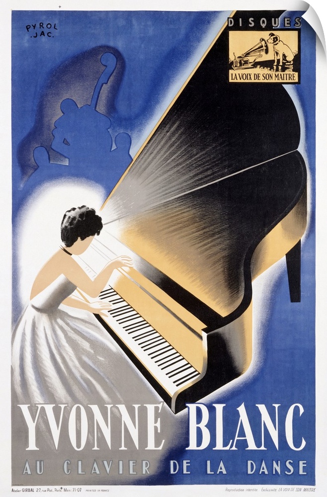 Portrait vintage advertisement on a big wall hanging for jazz pianist, Yvonne Blanc.  An illustration depicting her in a f...