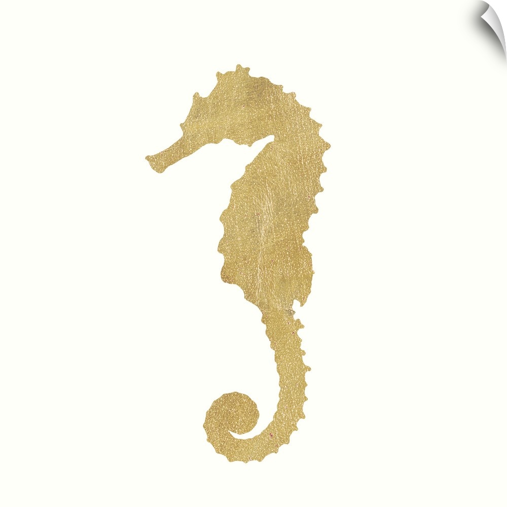 Minimalist artwork of a golden seahorse outline on off-white.