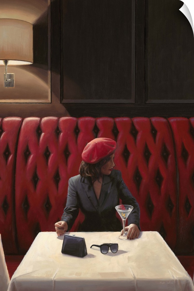 Contemporary painting of a woman at a restaurant looking sideways.